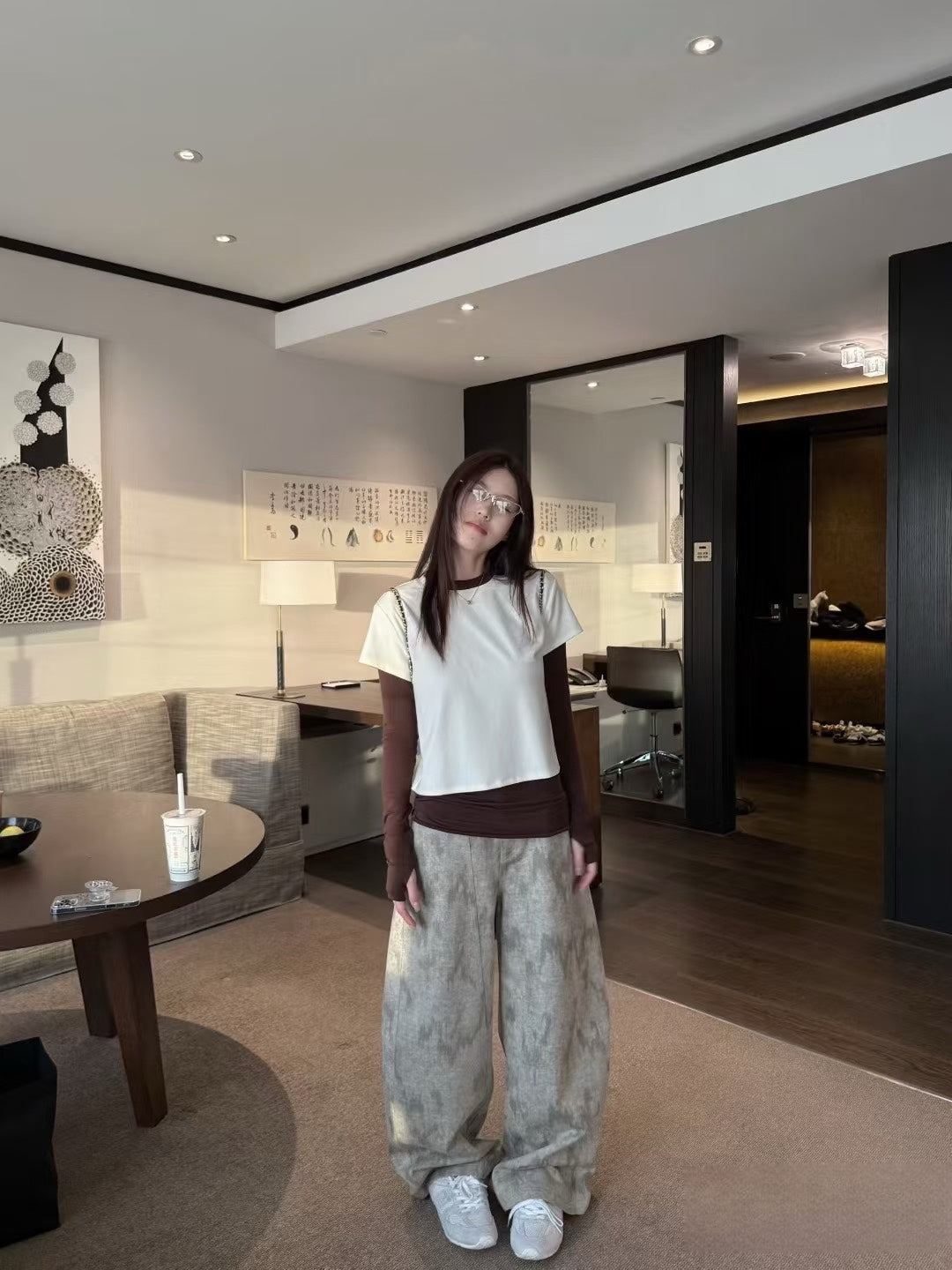 Landscape-Pattern Curved-Leg Pants