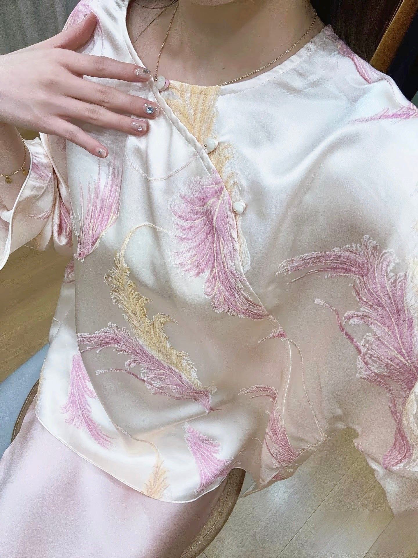 Embossed Feather Silk Top