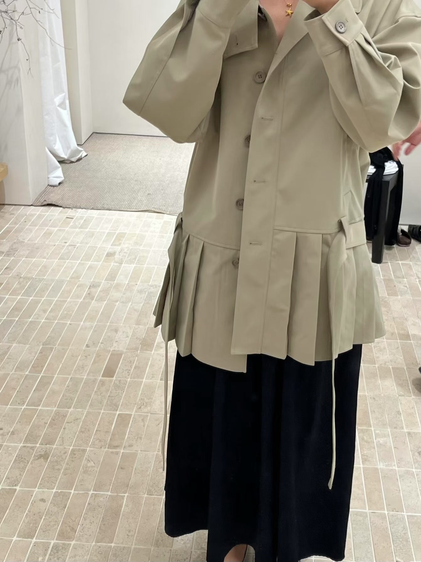 Pleated Patchwork Long Trench Coat