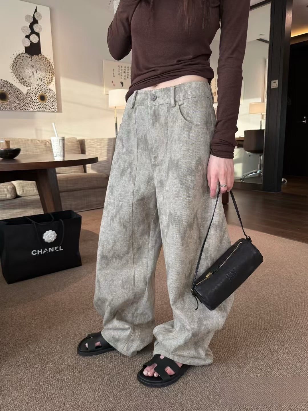 Landscape-Pattern Curved-Leg Pants