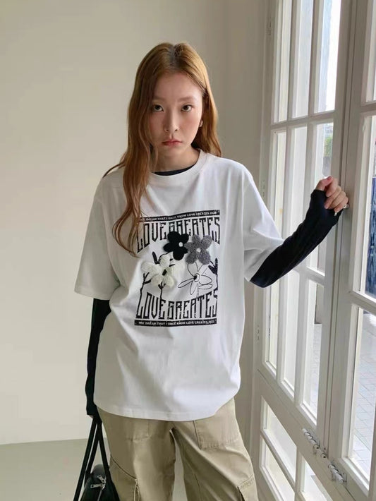 Hand-embroidered Flowers Graphic Tee